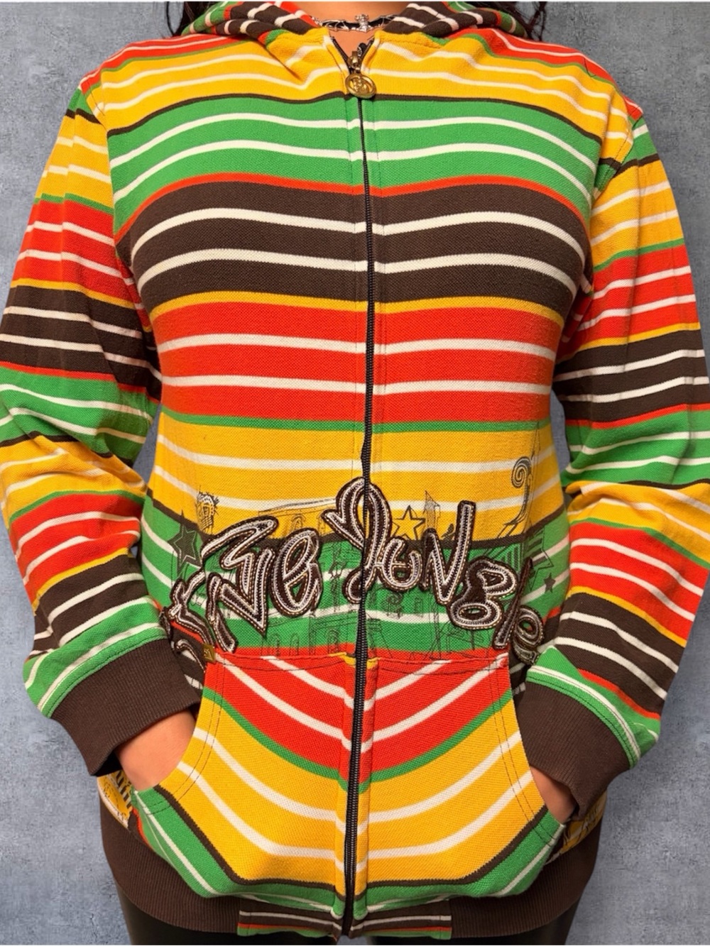 Striped Multicolor Zip Hoodie Jacket - Green/Yellow/Red by five jungle